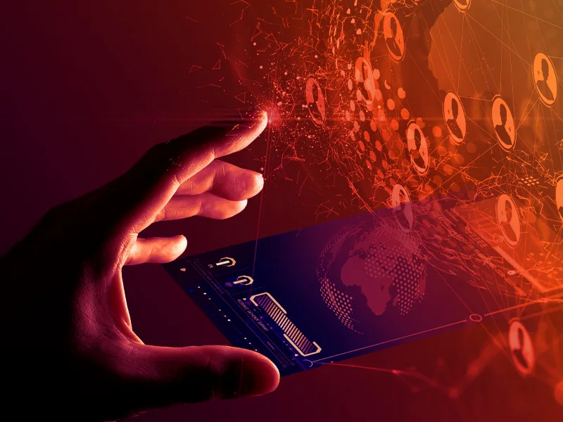 Hand interacting with a digital interface displaying global data connections and user profiles, symbolizing advanced clinical research networks.