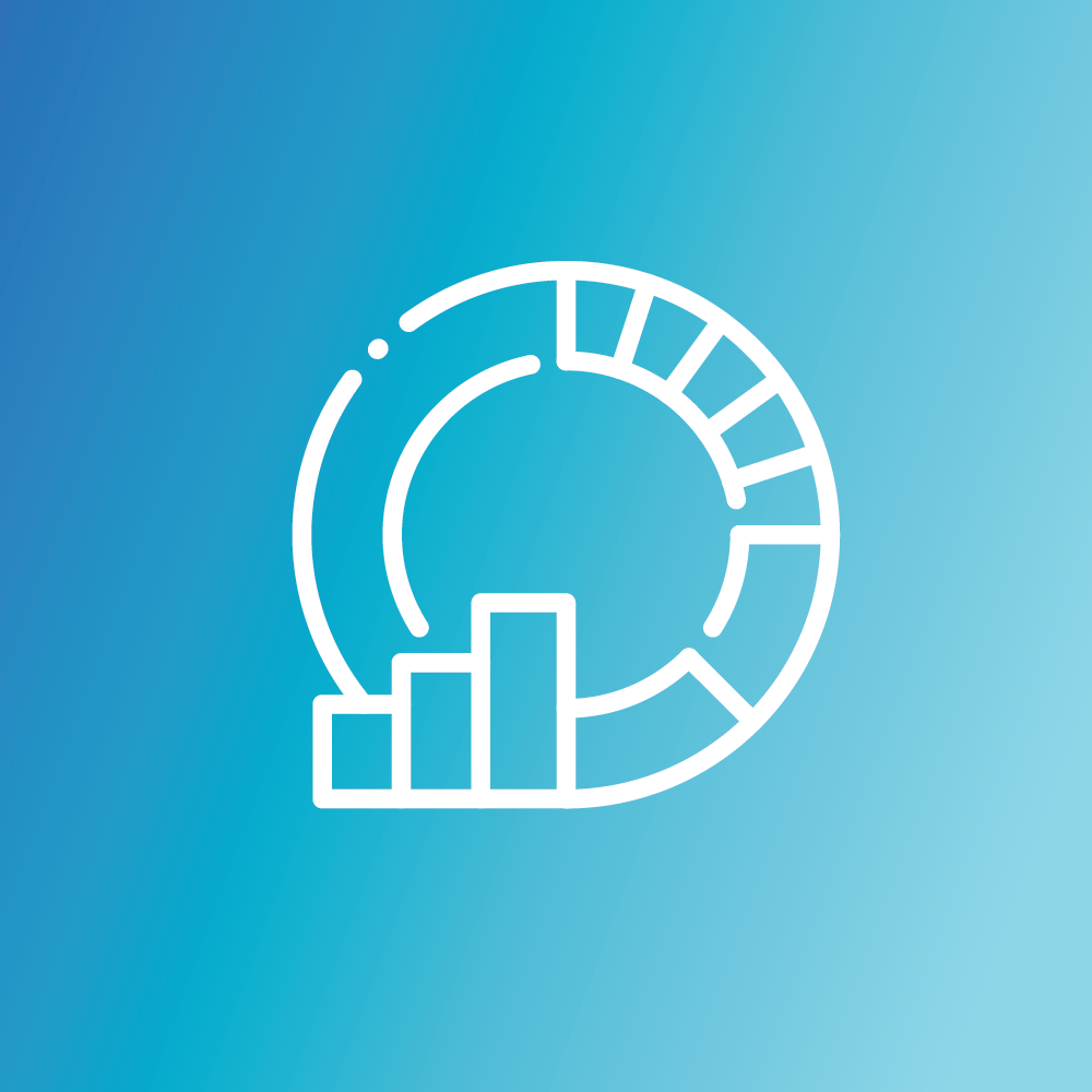 White outline of a segmented circular chart with an overlaid bar graph on a blue gradient background, indicating data analytics or management.