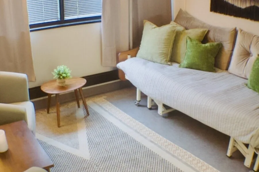 Another view of the patient room showing the daybed on casters, rug, and side table near the window.