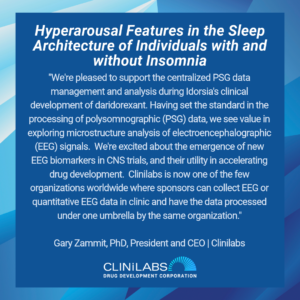 The study "Hyperarousal Features in the Sleep Architecture of Individuals with and without Insomnia," published in the Journal of Sleep Research, was a productive collaboration of researchers from leading academic medical centers in the US and Europe, Idorsia Pharmaceuticals Ltd, Clinilabs Drug Development Corporation, and Beacon Biosignals.