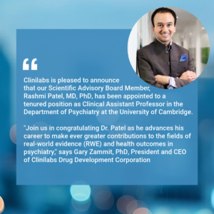 Join us as we celebrate our Scientific Advisory Board Member, Rashmi Patel, MD, PhD, in his new endeavors as Clinical Assistant Professor in the Department of Psychiatry at the University of Cambridge. 